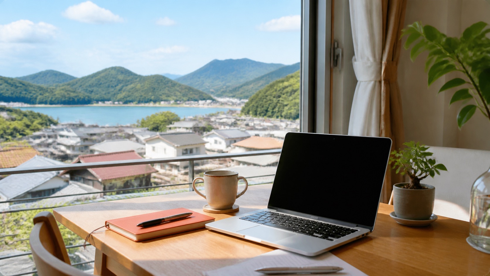 地方の景色が見える部屋でフルリモート勤務をするデスク